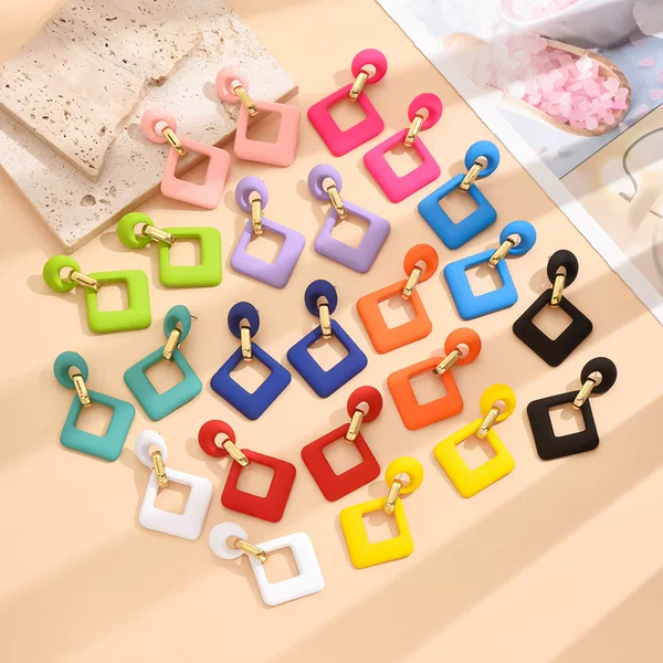 New square hollow geometric fashion long earrings exaggerated personality candy color frosted high sense earrings