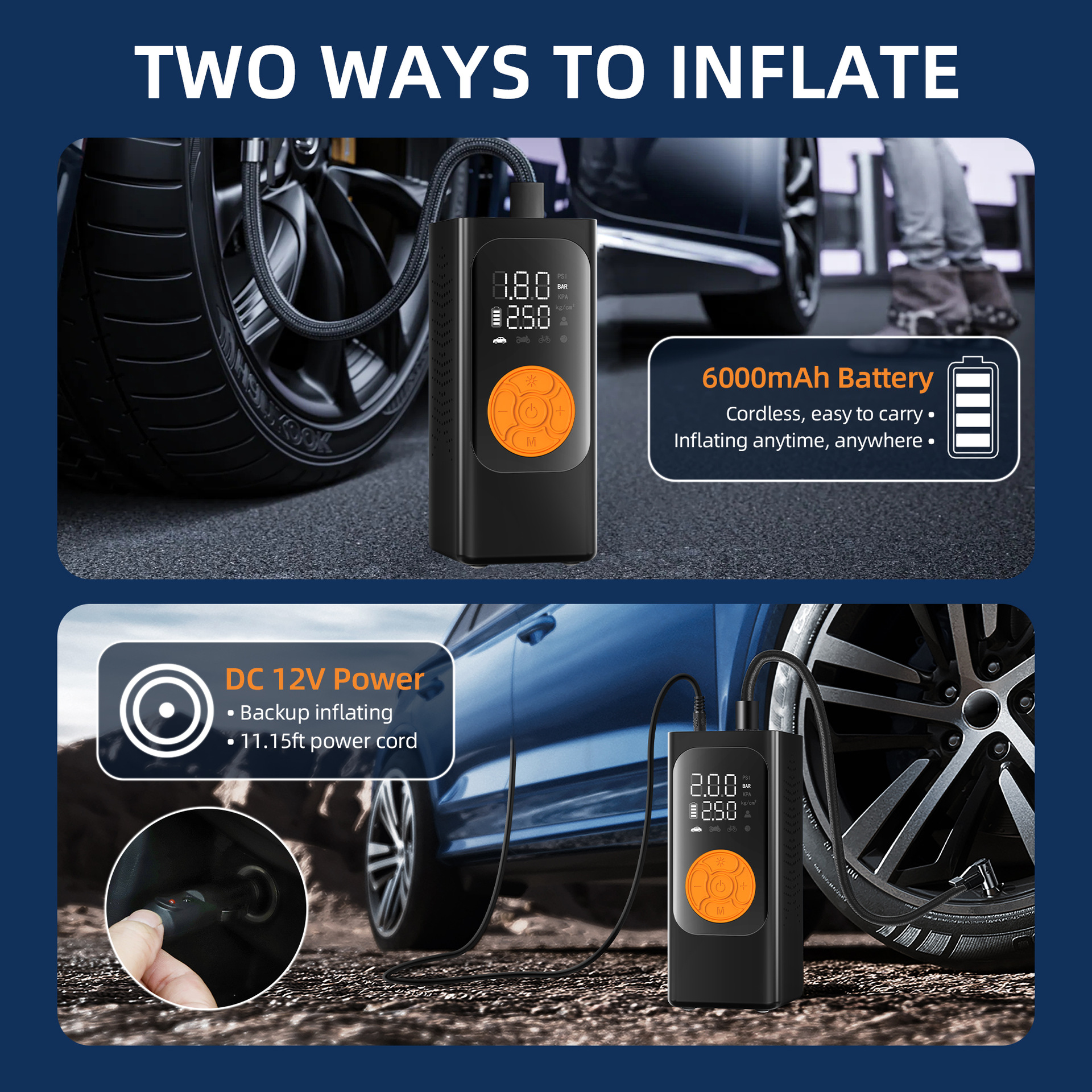 Car Air Pump, Automatic Inflating and Deflating Car Tire Pump, Wireless Inflator, Mini Portable Electric Air Pump