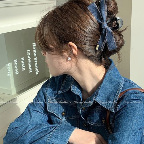 Korean fashionable denim bow tie clip 2025 new high-end hair clip back of the head large shark clip headwear