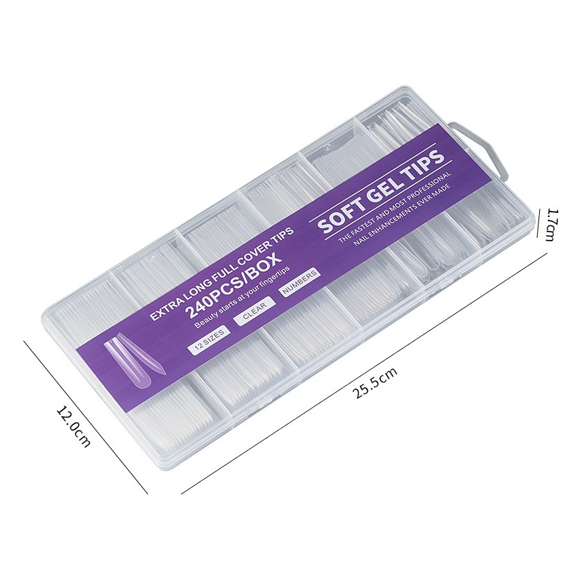 Pieza de uñas de perro delgada ultra larga transfronteriza parche de uñas falso 240 piezas en caja etiqueta engomada completa transparente XXL pieza de arte de uñas de mezclilla