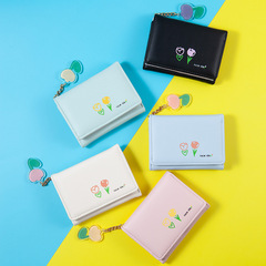 跨境新款純色小錢包女短款 簡約印花可愛清新學生摺疊錢夾卡包