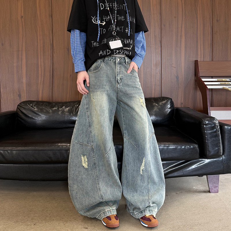 Beijing American Retro High Street Pear-Shaped Wide-Leg Jeans for Men and Women, High-Waisted, Ripped, Loose-Fitting, Curved Pants