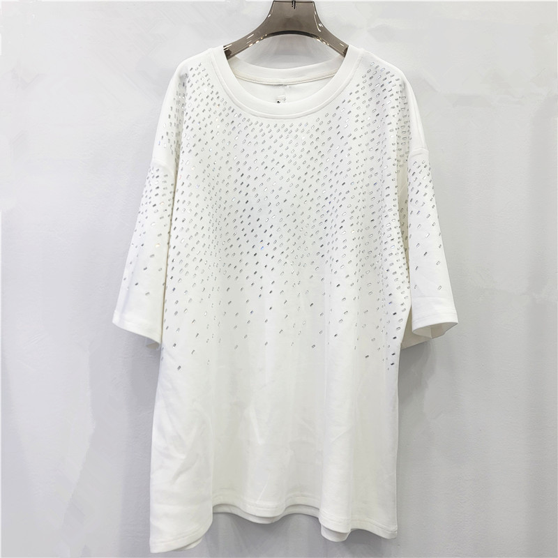 Camiseta negra de mangas cortas para mujeres 2026 primavera y verano nuevo diseño brillante brillante taladro caliente chaqueta de tamaño grande image 3