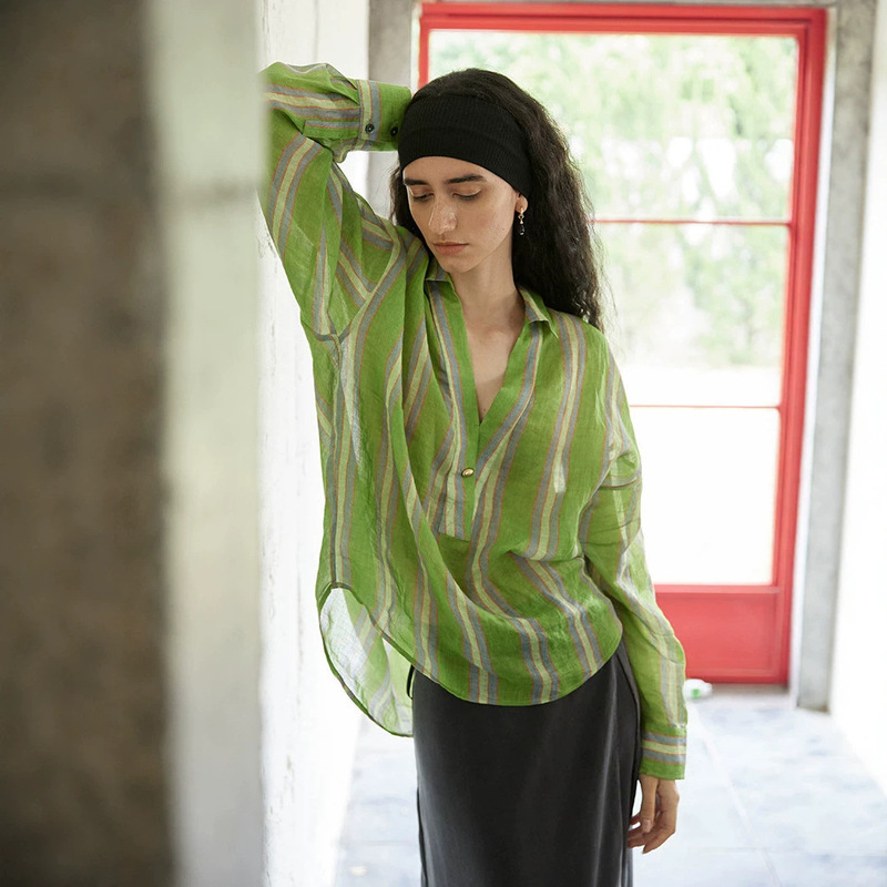 Ramie Green Striped Shirt, Slightly Sheer, Single-Button, Lazy Style, Sun-Protective, Lightweight Top D0612