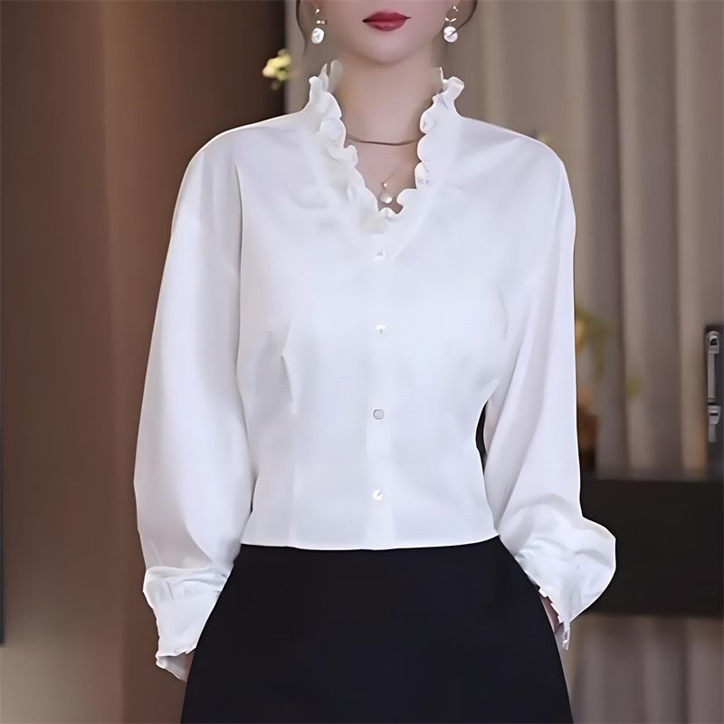 Spring And Autumn White Short Long-sleeve Shirt For Women, New Fashion Versatile Waist-cinching Slimming Pleated Top_ecoleips.com