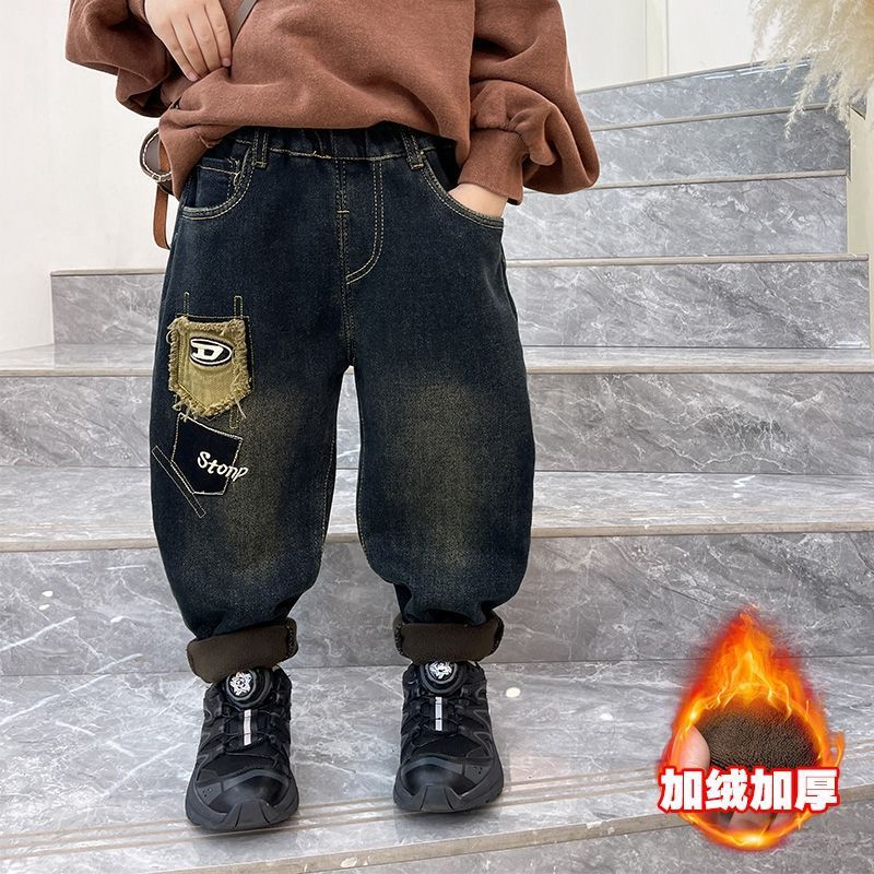 男童加绒裤子秋冬2025新款儿童一体牛仔裤宝宝冬季保暖长裤休闲