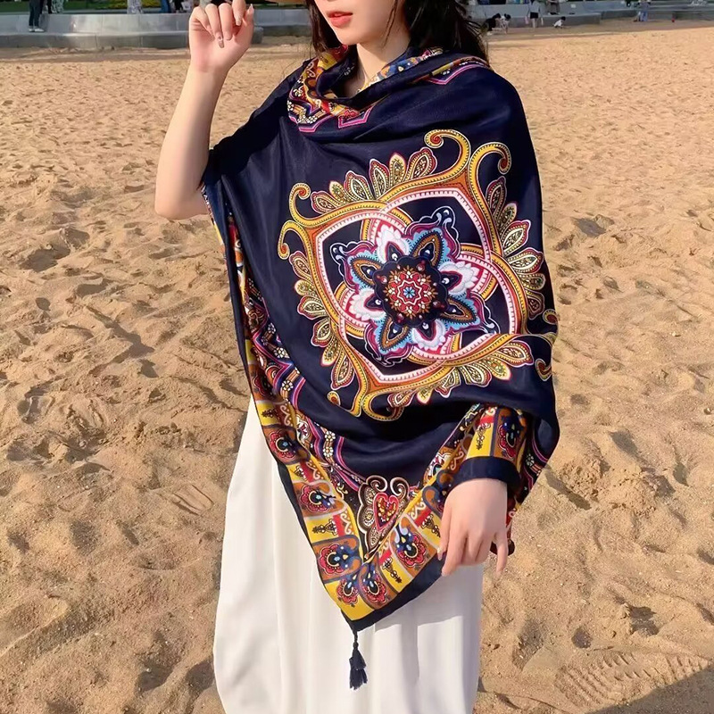 Sopa de satén de twill para mujeres 2025 bufandas de viento nacional de verano tibetanas bufandas de seda protector solar lago Qinghai turismo foto toalla de playa