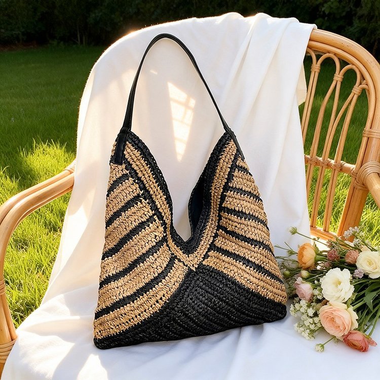 Bolsa de paja a rayas, bolsa de tejido a mano de alta calidad, bolsa de gran capacidad, bolsa de vacaciones, bolsa de playa, bolsa de viaje para mujeres