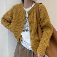 温柔风宽松麻花加厚针织开衫2025秋冬新款简约文艺慵懒风毛衣外套