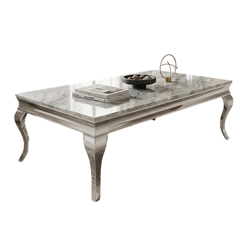 Mesa de Centro de Mármol Estilo Italiano de Acero Inoxidable con Estructura Metálica para Sala de Estar, Hotel y Oficina