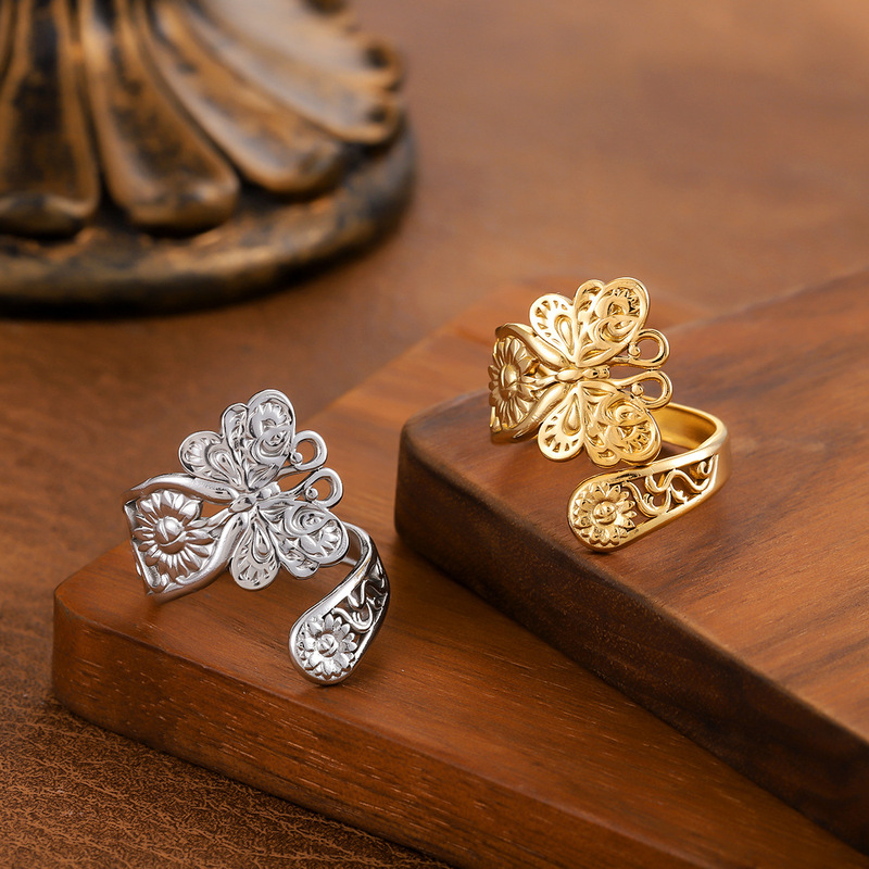 Cross-Border European and American Retro Titanium Steel Butterfly Flower Beauty Open Versatile Personalized Fashion Style Real Gold Electroplated Ring