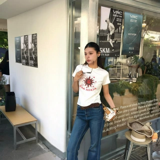 韩系白色创意印花纯棉短袖t恤女2026夏季新款修身显瘦打底衫上衣