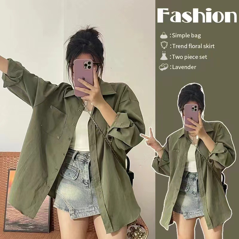 Camisa de manga larga verde superior mujer 2024 nuevo estilo otoño diseño francés solapa protector solar chaqueta de punto camisa