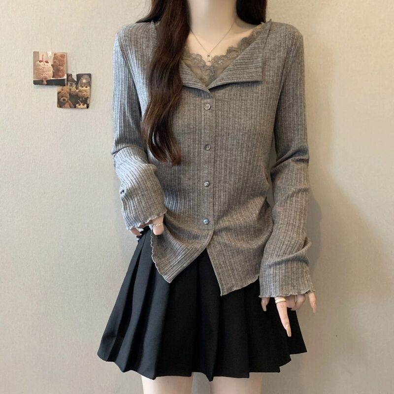 Fake Two-Piece Lace Collar Gray Long-Sleeve Shirt for Women, Early Autumn, Plus Size, Cinched Waist, Irregular Top, Versatile and High-End