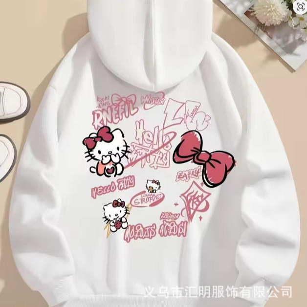 New Cross-Border Spring and Autumn Black Base with Pink Hello Kitty Cartoon Print Hoodie, Sweet and Cool Girl Style