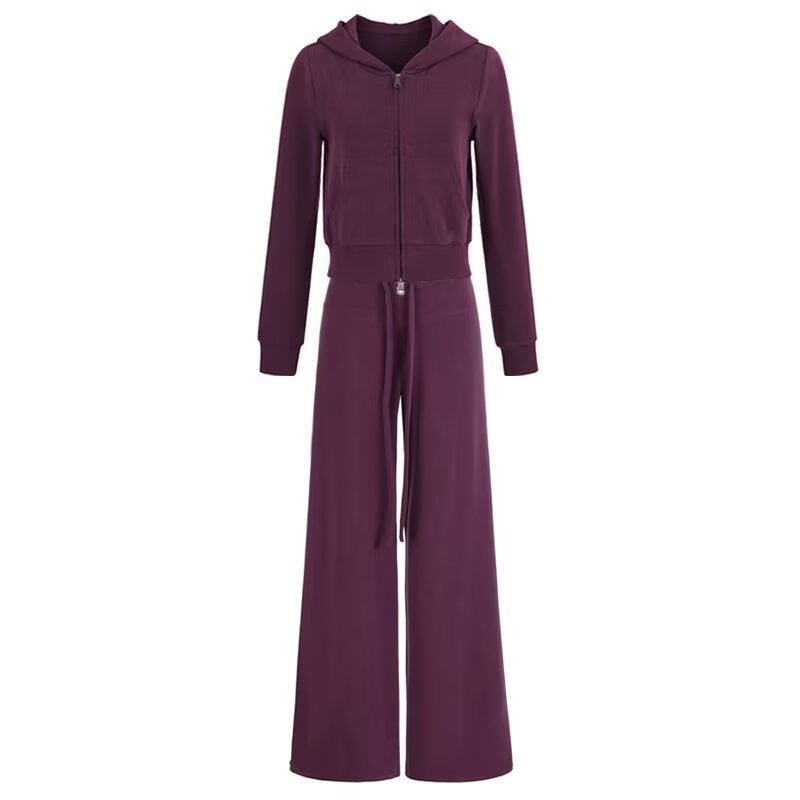 Winter Sporty Casual Fitness Women's Sweatshirt And Pants Set Hooded Zip up Sweatshirt Low Rise Drawstring Pants_ecoleips.com