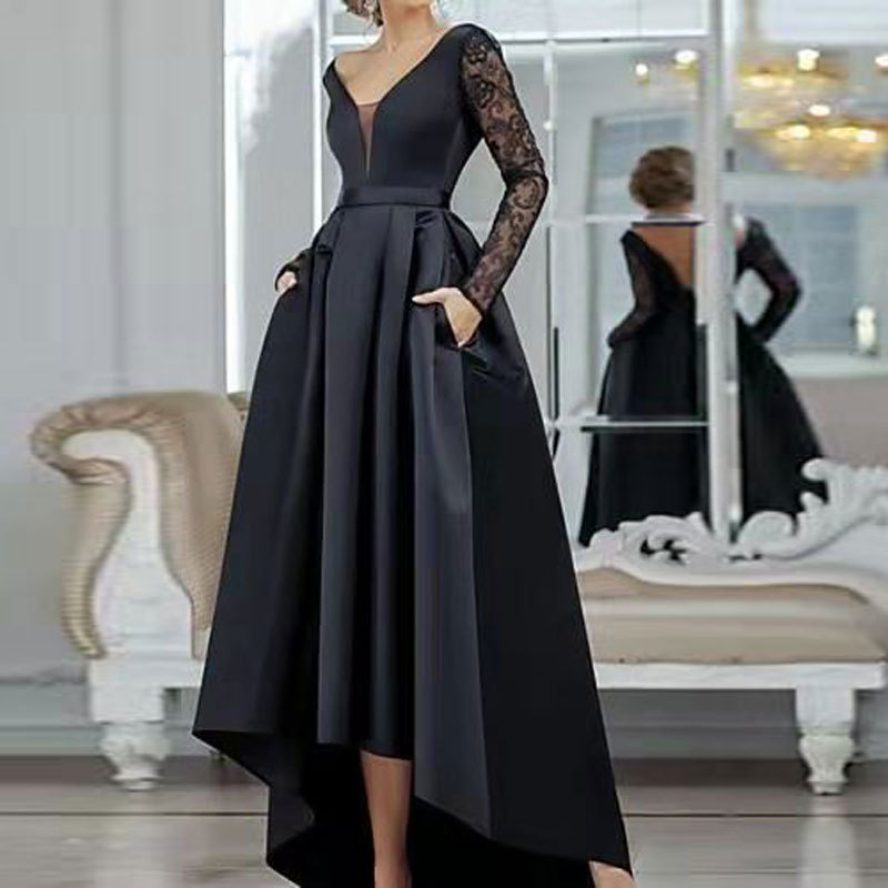 Comercio exterior europeo y americano Amazon AliExpress deseo Satén de las mujeres con cuello en V vestido de noche de encaje manga larga sexy sin espalda