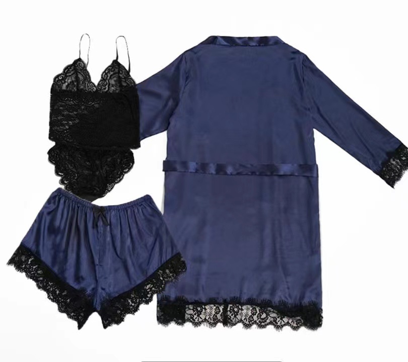 GraceChic GraceChic Nuovo pigiama estivo da donna in raso e pizzo, stile europeo americano, 4 pezzi, con vestaglia e camicia da notte all'ingrosso_voghion.com