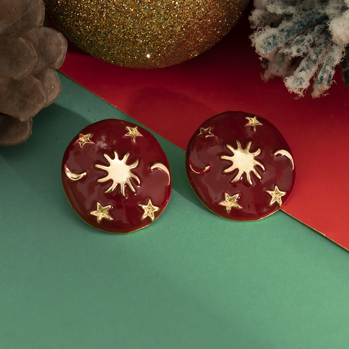 Retro Star Moon Alloy Enamel Artificial Pearls Christmas Womenu0027S Ear Studs 1 Pair