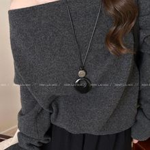 高品质黑绳吊坠圆石长款毛衣链女款高级感锁骨链复古气质项链配饰