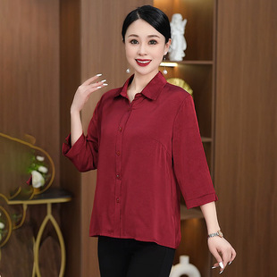 Western-Style Middle-Aged and Elderly Women's Summer New Three-Quarter Sleeve Shirt Fashionable Mother's Loose Large Size Solid Color Cardigan Top