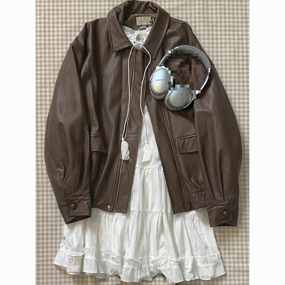 Brown Leather Jacket for Women, New Spring and Autumn Style, Petite Hong Kong Style Retro Biker Leather Jacket, Melade Outfit