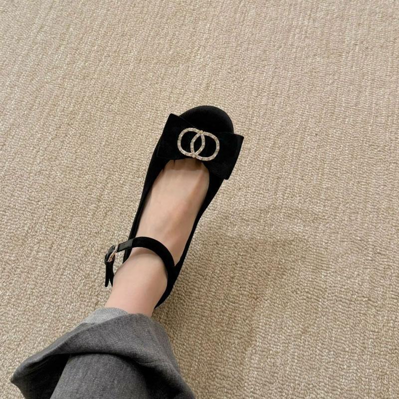 Demi-season universal Mary Jane shoes flat with rhinestones with bow…