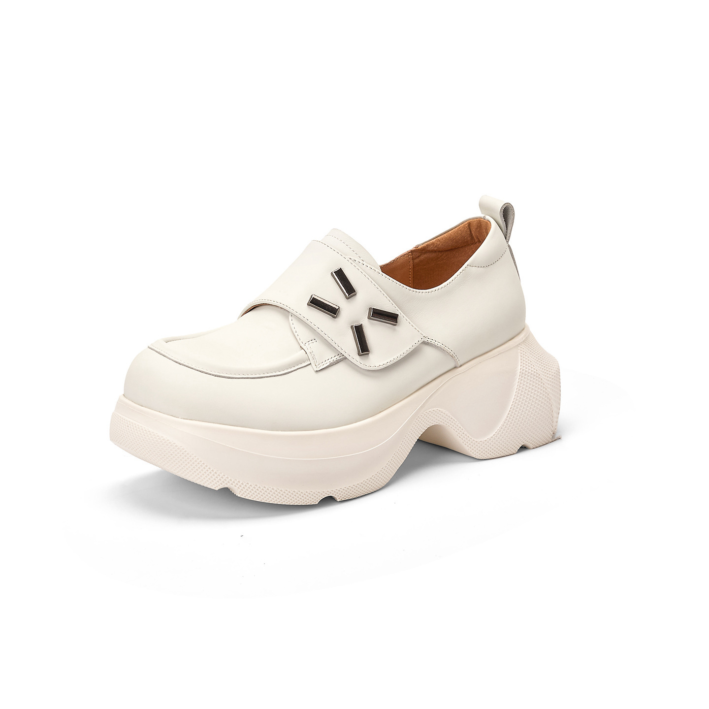 Giày lười nữ mũi vuông đế cao gót 5 cm da bò mềm — đen