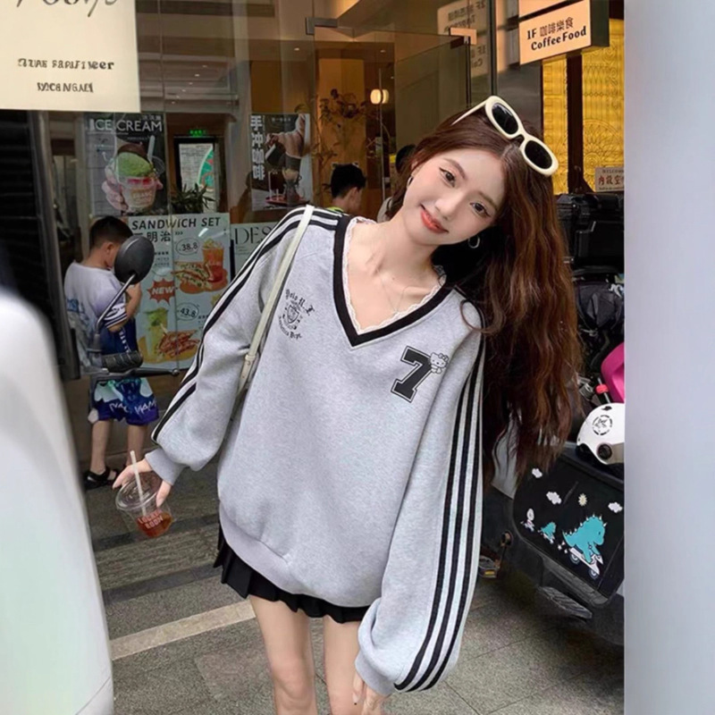 韩系球衣风休闲卫衣女蕾丝边撞色新款甜美风宽松显瘦V领长袖上衣|undefined
