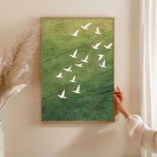 草原飞鸟 法式复古绿色植物大幅艺术挂画卧室抽象中古风装饰画芯