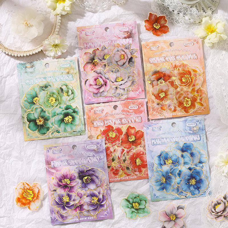 Yue Zhen retro bolsas de pegatinas de flores de viento, serie de pegatinas de película de corte de decoración de la mano de estampado de oro