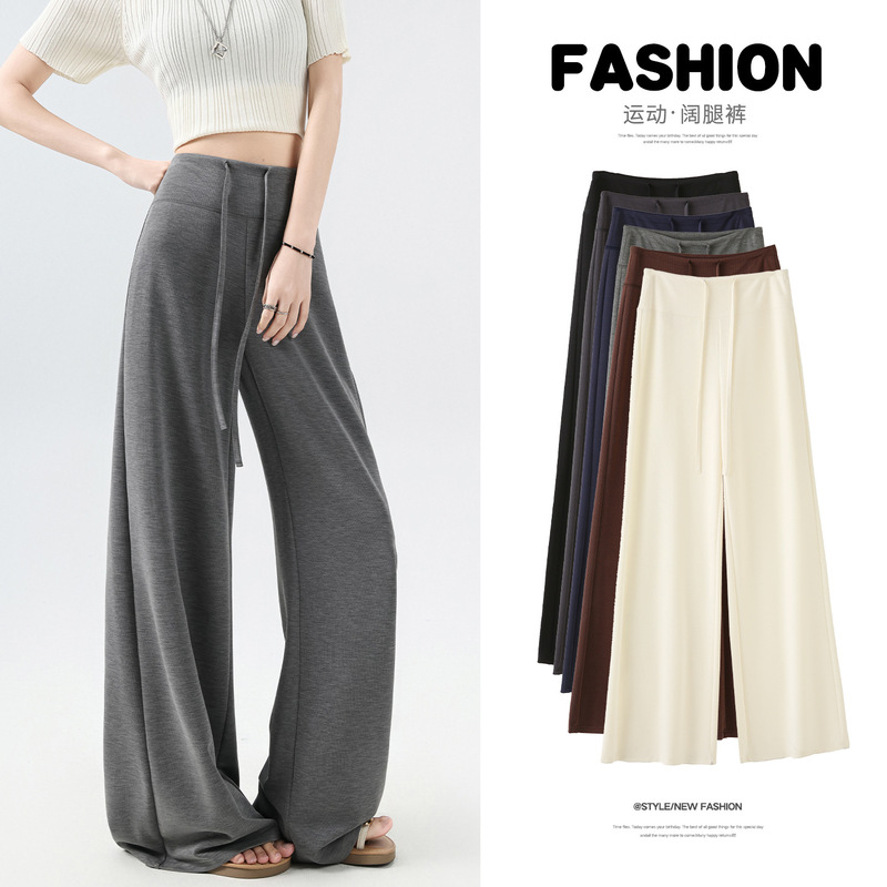 Summer New Versatile Gray Casual High-Waisted Sports Pants with Pockets, Wide-Leg Pants, Cool Pants