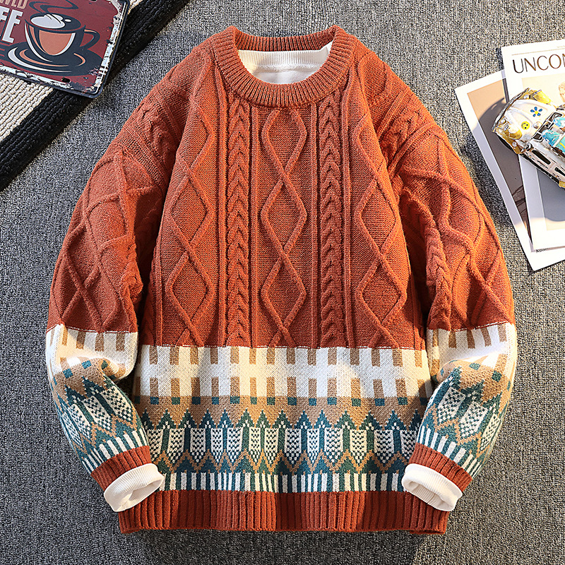 Herren-Langarm-Strickpullover, lässig, locker geschnitten, Rundhalsausschnitt, Polyester-Kaninchenwollmischung, Herbst-Winter-Mode mit Emblem-Design_voghion.com