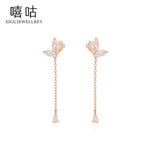 Xigu E1183 S925 silver small fresh butterfly diamond tassel earrings feminine forest style sweet earrings