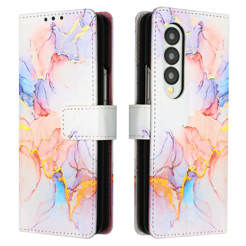 Suitable for Samsung Z Fold6 Leather Case Z Fold4 Marble Card Wallet Folding Crossbody Hand Leather Case