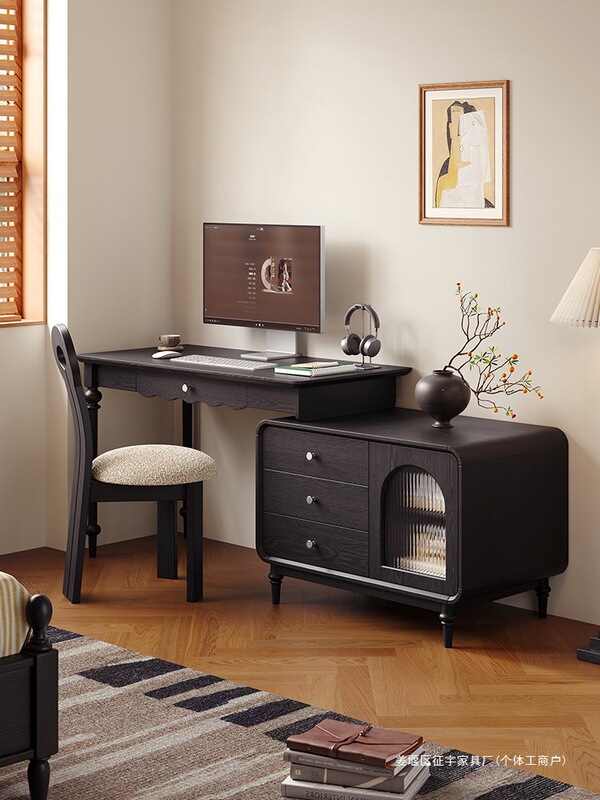 French Retro-Style Black Solid Wood Corner Desk and Chair Set with Drawers, Extendable Computer Desk for Small Apartments