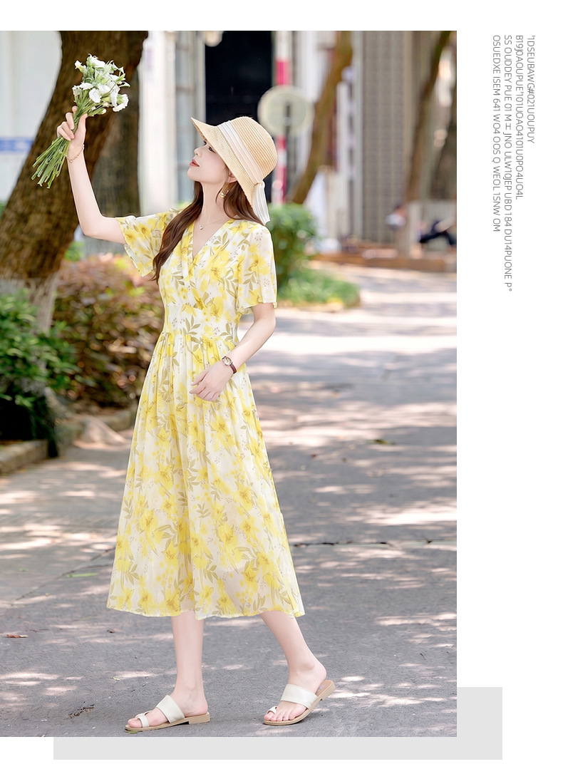 Đầm maxi nữ thắt eo họa tiết hoa nhí cổ V xếp ly tay ngắn — xanh lam, Màu hồng, màu vàng chi tiết 22