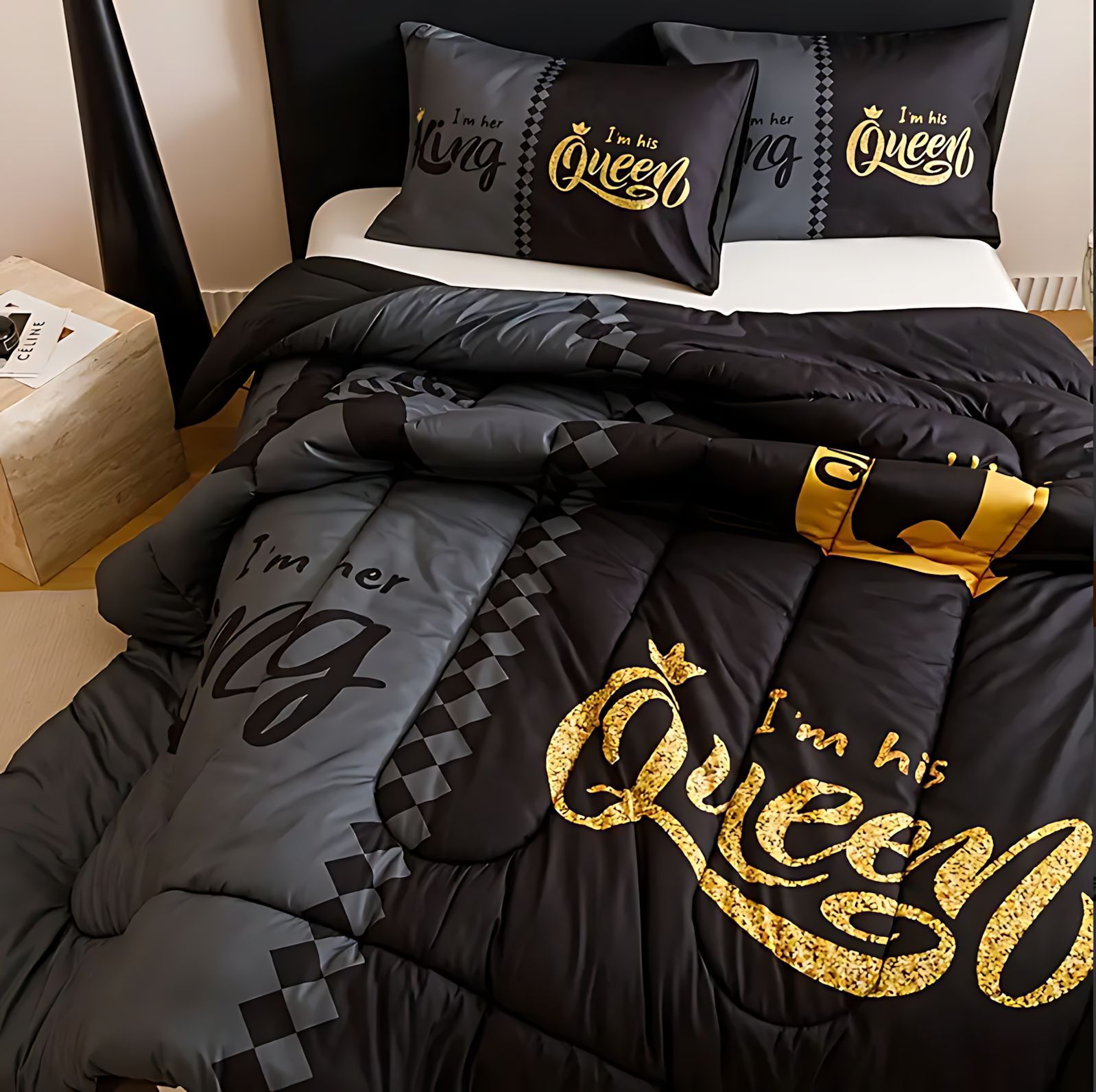 TEMU / JIT transfronterizo textil casero negro gris letras de corona alta definición impresión digital 180gms colcha colcha almohada set