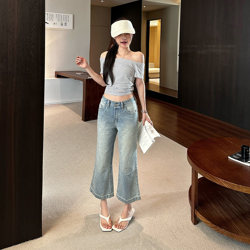【Jin Yin】Vintage Distressed Low-Waist Flared Pants American Style Versatile Cropped Pants New Summer Women's Jeans