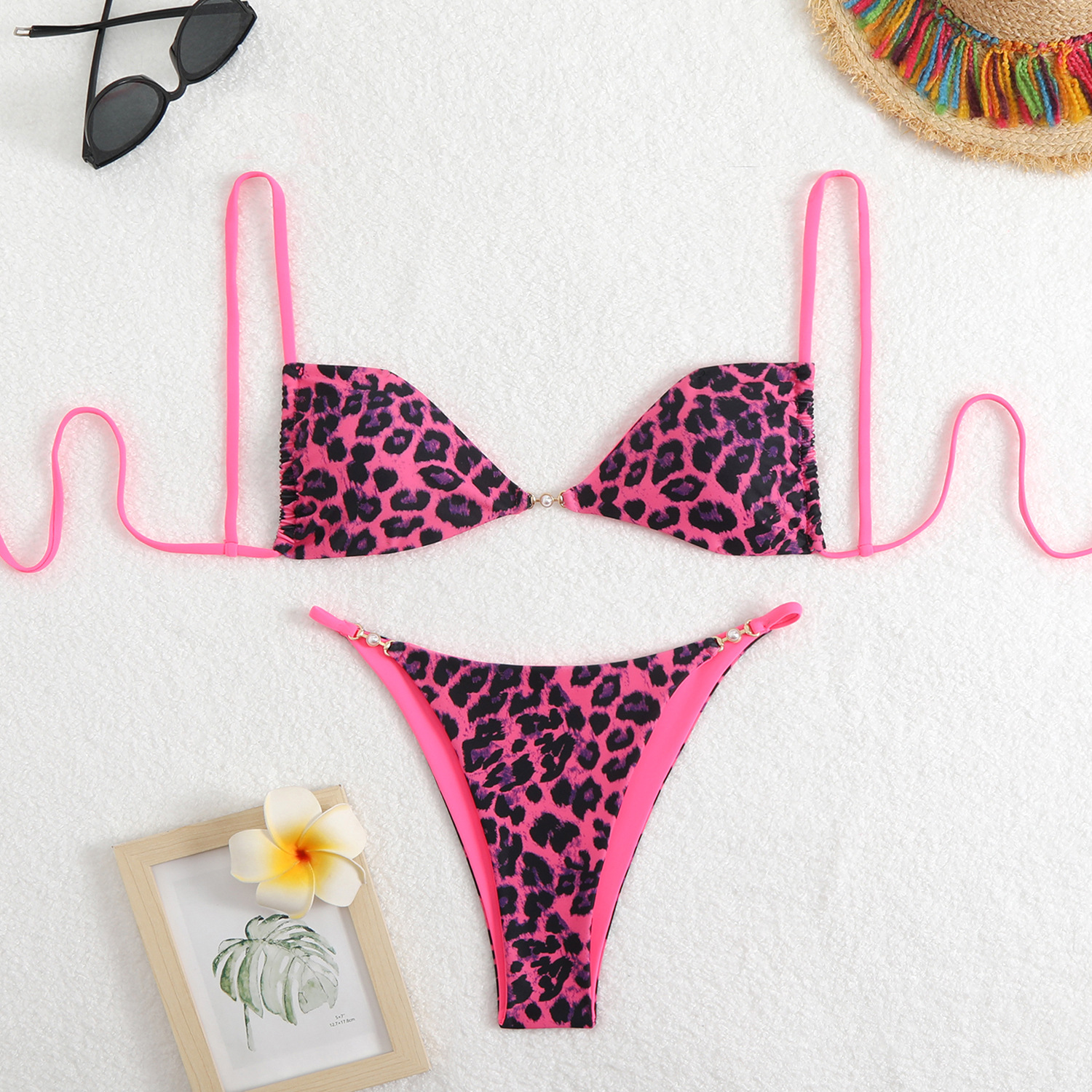 140g Weight Briefs Panties Style Bra Bra Category Polyester Fabric Type 2 Pieces Set Quantity Casual, Daily, Swimming Pool Occasion Ditsy Floral, Leopard Pattern Women's Gender Women's Ditsy Floral Leopard 2 Pieces Set Bikinis Swimwear 无