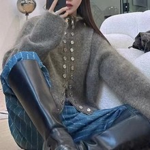 欧美跨境双排扣装饰拉链毛衣外套女2025秋冬新款甜辣短款针织女装