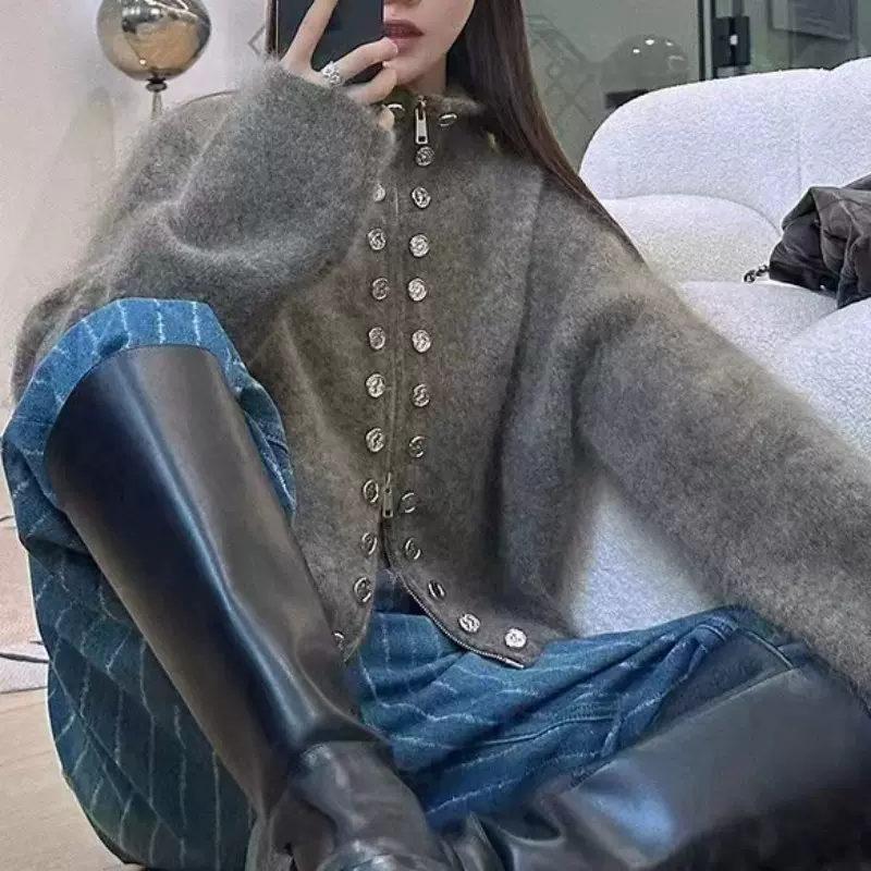 欧美跨境双排扣装饰拉链毛衣外套女2025秋冬新款甜辣短款针织女装