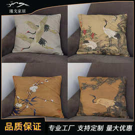 新中式中国风仙鹤抱枕客厅沙发靠枕套中式国潮短绒复古靠背靠垫套
