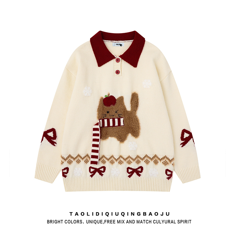 Cute Scarf Puppy Contrasting Color Long-Sleeved Knitwear for Women in Autumn and Winter with Christmas Atmosphere Loose Soft Waxy Knitwear