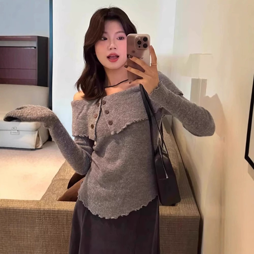 Nittle Advanced Серые пуговицы на плечах вязаный свитер женский осенний дизайн