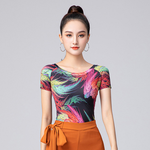 Colorful printed ballroom Latin dance tops for women show long sleeve T-shirt  ballroom chacha rumba salsa dance suit for female