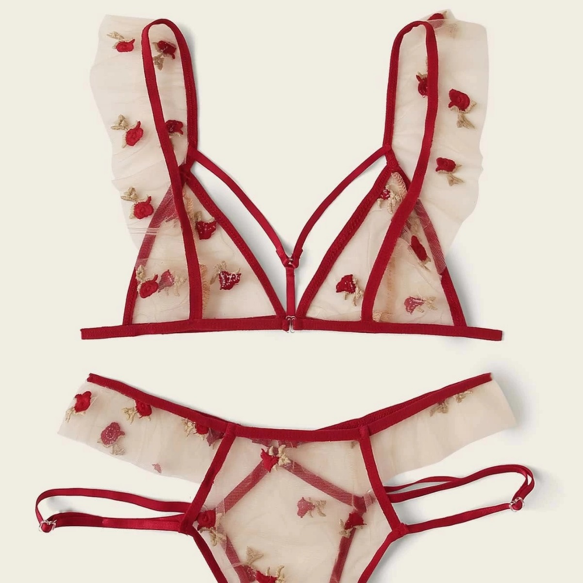 Ropa interior sexy de tres puntos de malla bordado transparente hueco rojo pijamas de mujer europea y americana transfronteriza Comercio exterior entrega de una pieza