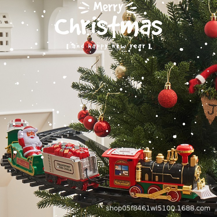 Trenes de Navidad eléctricos de comercio exterior sonido y luz eléctricos pueden colgar árboles de Navidad vagones de Navidad juguetes de regalos de Navidad