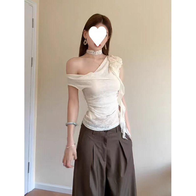 工厂直销工厂批发做工  荷叶边斜肩短袖T恤女修身纯欲辣妹显瘦上|undefined