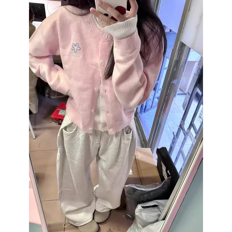 Real Price # Sheep Velvet # Sweet and Gentle Contrasting Color Stitching Fake Two-Piece Knitted Cardigan Women's Autumn and Winter Pink Sweater Jacket